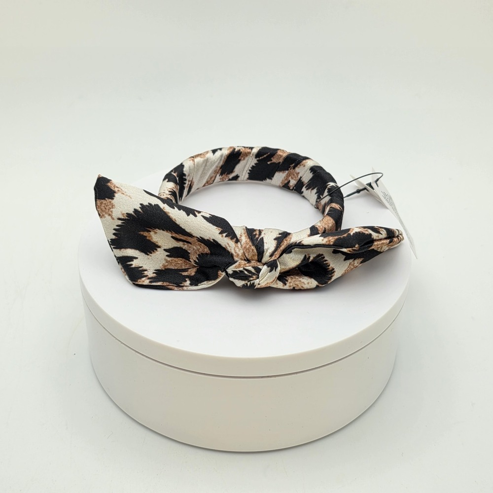 New! CHICO'S Satin Bracelet Bow Tie Leopard Print Hinged Cuff 7" New With Tags!